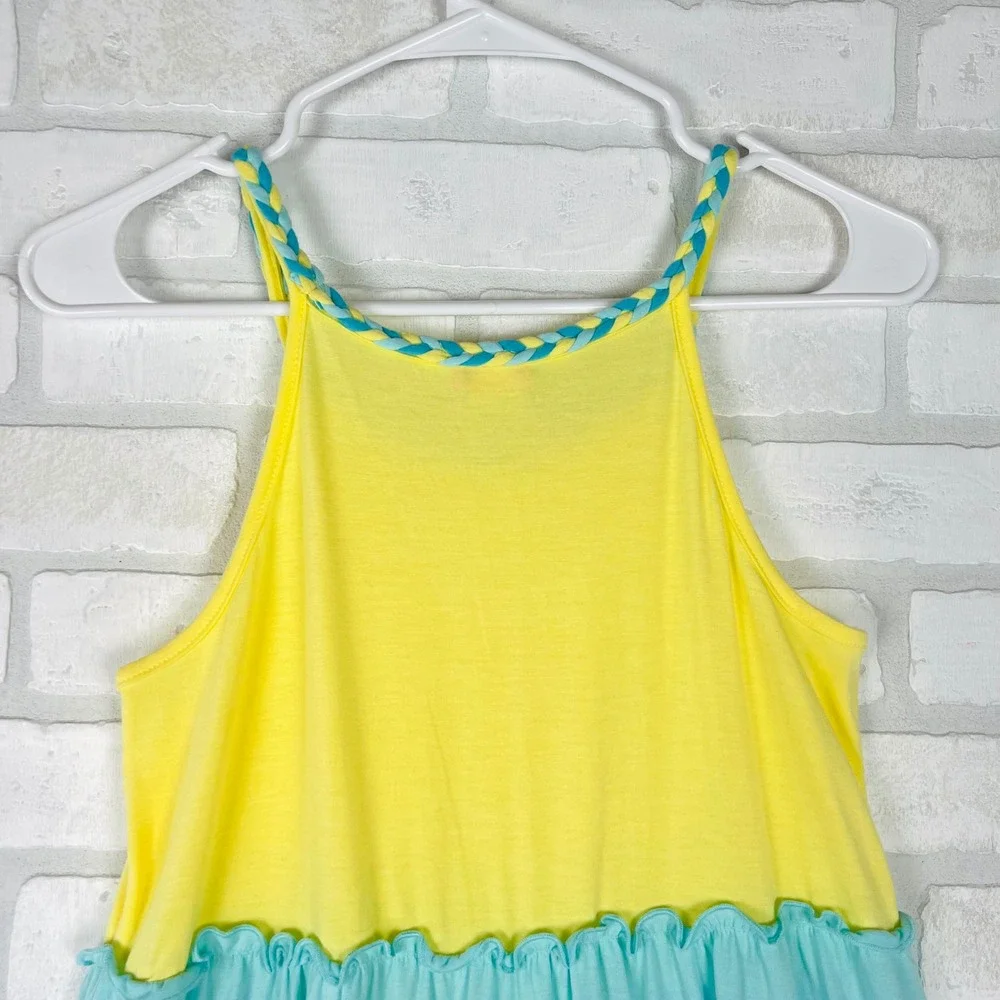 Zunie Girl Kids XL 14/16 Yellow Blue Tiered Colorblock Braided Strap Dress